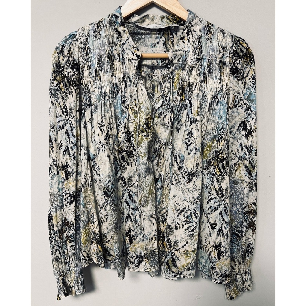 IRO Paris Blouse Womens 36 Small Blue Abstract Smocked Lace Up Pre-owned
